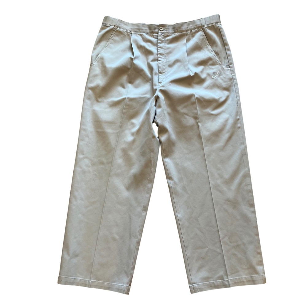 Vintage Nike Khaki Pleated Trousers Mens 40 Tan Straight Leg Embroidered Logo